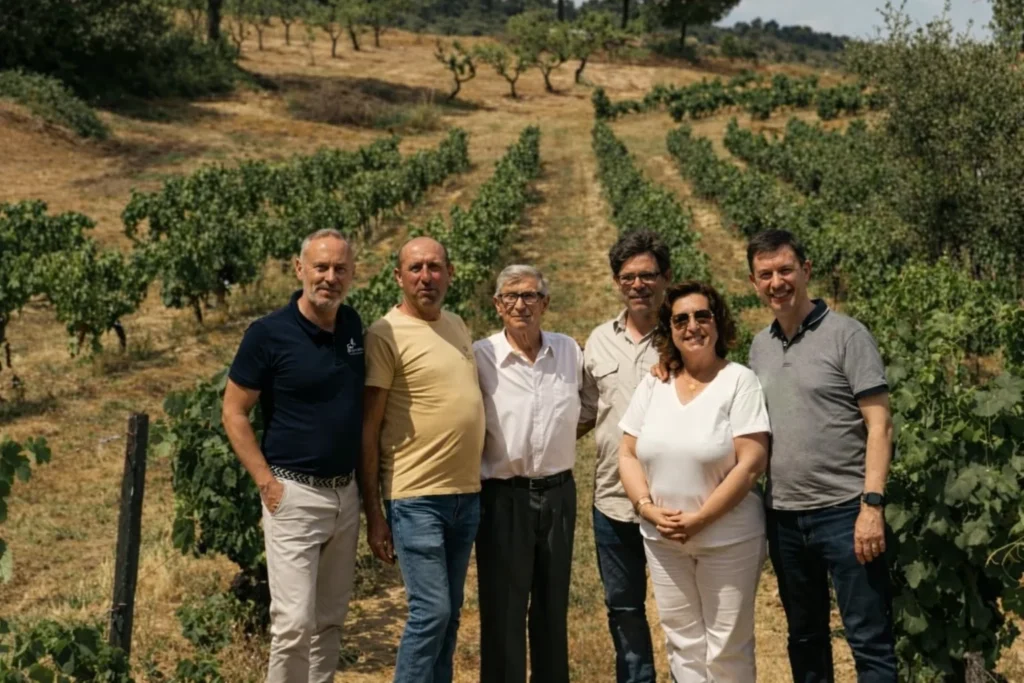 Família Ferraz e equipa técnica, incluindo o enólogo José Brandão, nas vinhas velhas da Souvall em Vale Flor.
