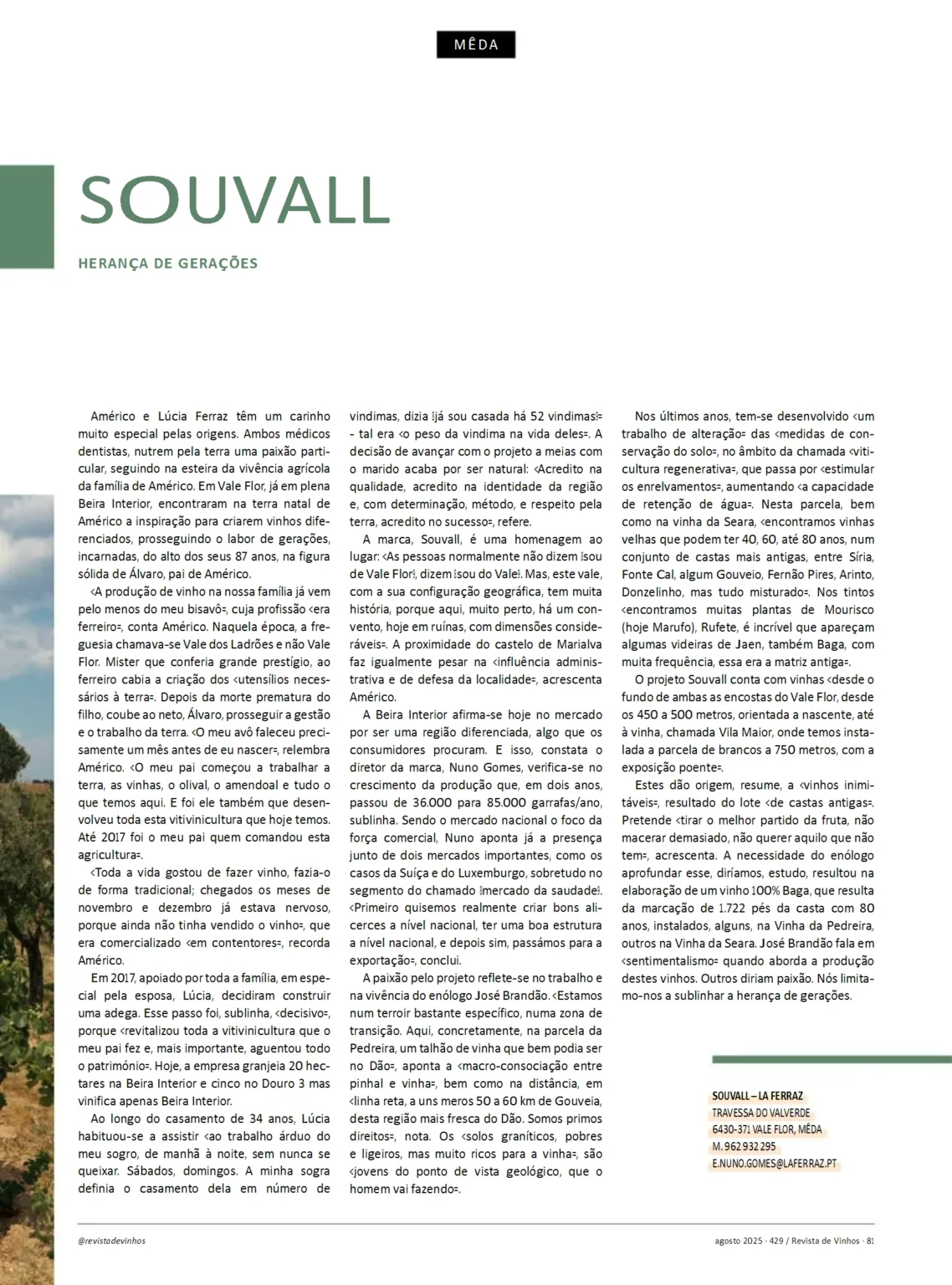 Artigo "Souvall - Herança de Gerações" na Revista de Vinhos detalhando a história da família Ferraz.