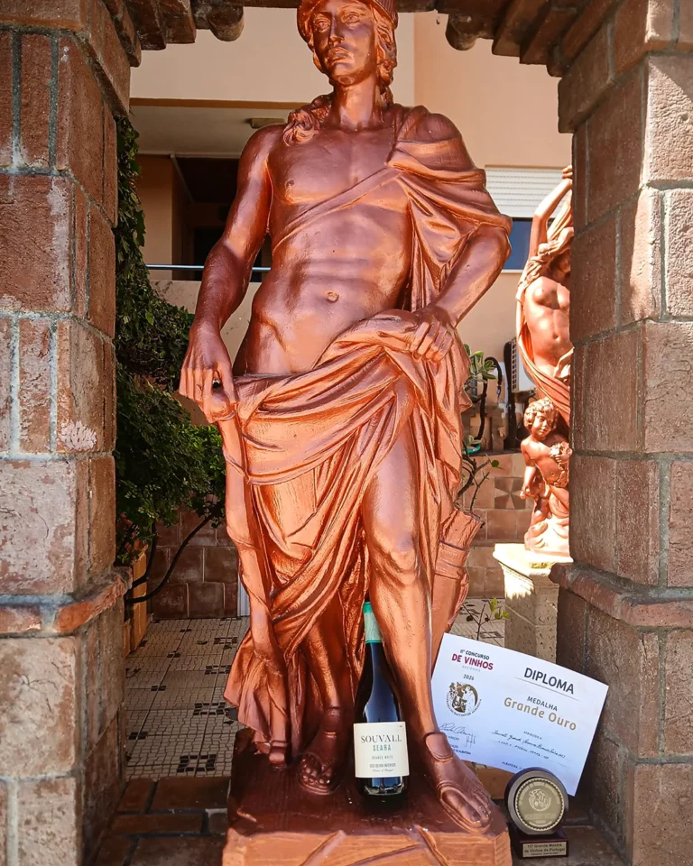 Garrafa de vinho branco Souvall Grande Reserva Seara com medalha de Grande Ouro e diploma de premiado.