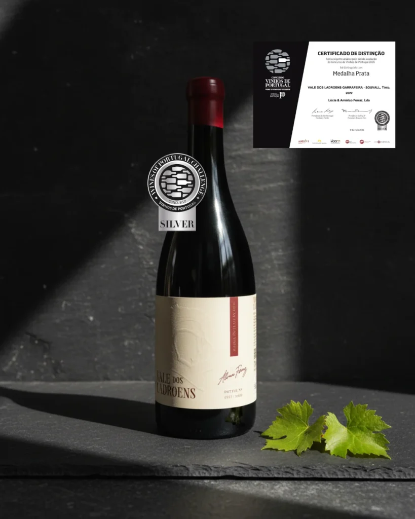 Garrafa de vinho tinto Vale dos Ladrões Garrafeira Souvall ao lado do certificado oficial de Medalha de Prata do Concurso de Vinhos de Portugal 2026.