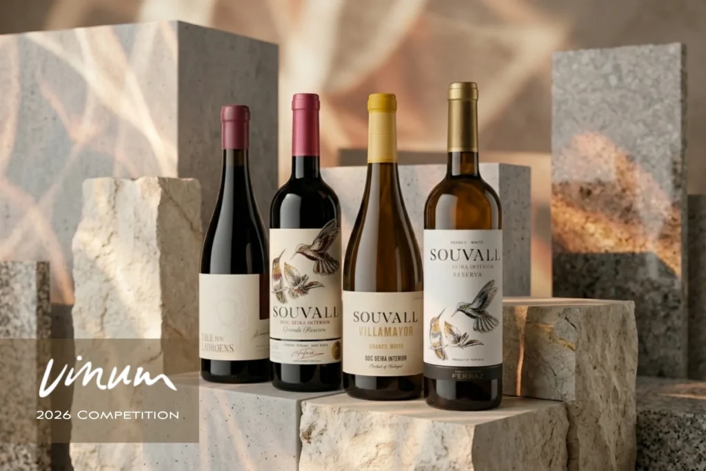 Quatro garrafas de vinho Souvall premiadas alinhadas sobre blocos de granito com iluminação de pôr do sol para a notícia do concurso VINUM 2026 na Suíça.