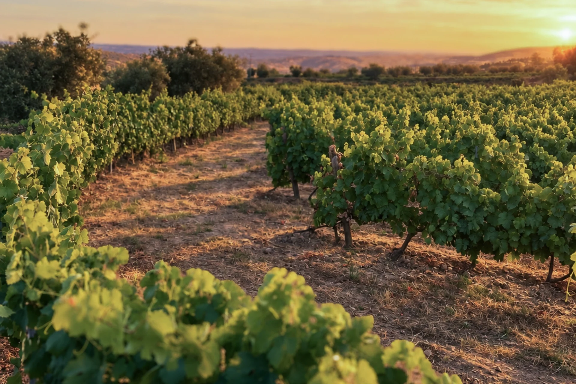 Vinhas de altitude da Quinta do Souvall em Vale Flor, Mêda, ao pôr do sol, destacando a viticultura de montanha da Beira Interior.